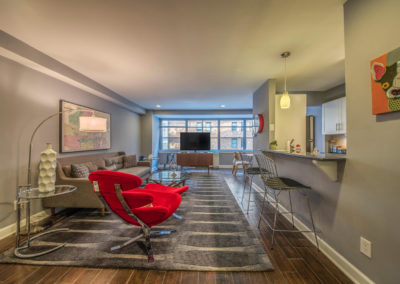 Furnished large open floor plan at Rittenhouse Claridge with city views and a breakfast bar