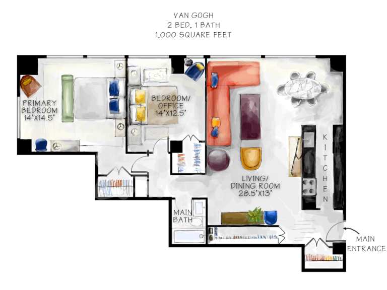 Van Gogh - 2 Bedroom, 1 Bath apartment - 1,000 square feet